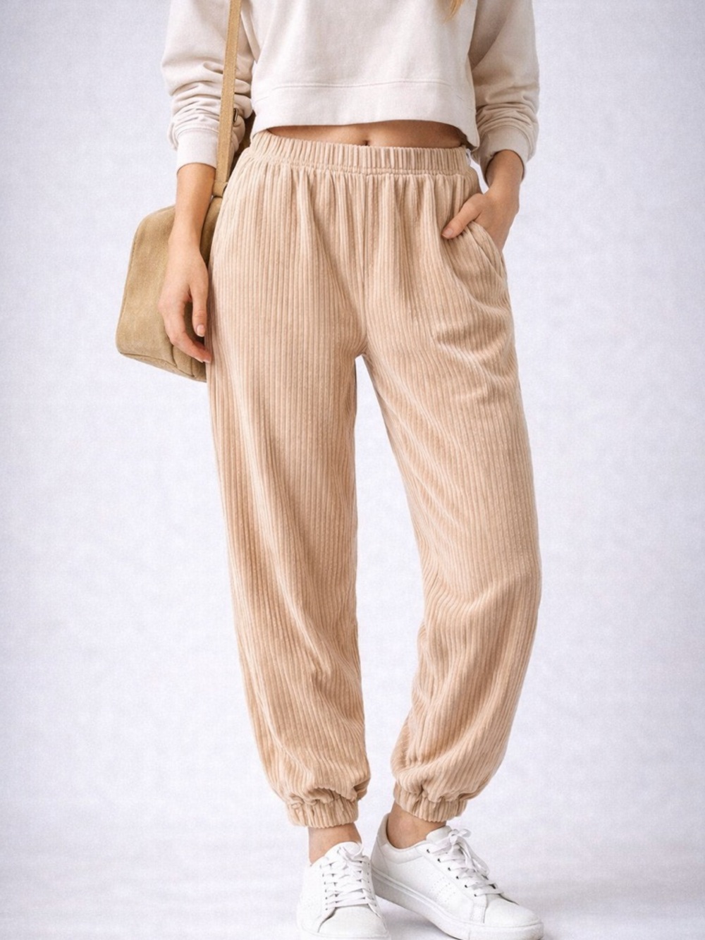 Sadie & Sage Beige Corduroy Jogger Pants Women’s Medium Cozy Casual Lounge - Picture 1 of 12